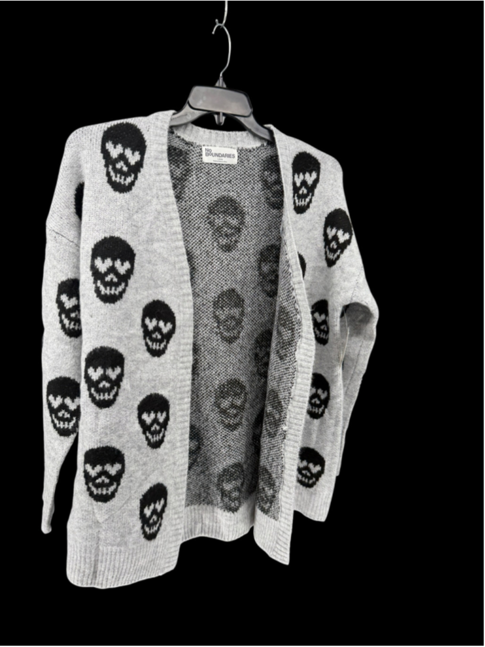 Women's No Boundaries Skull Print Cardigan Sweater Grey Black Size L